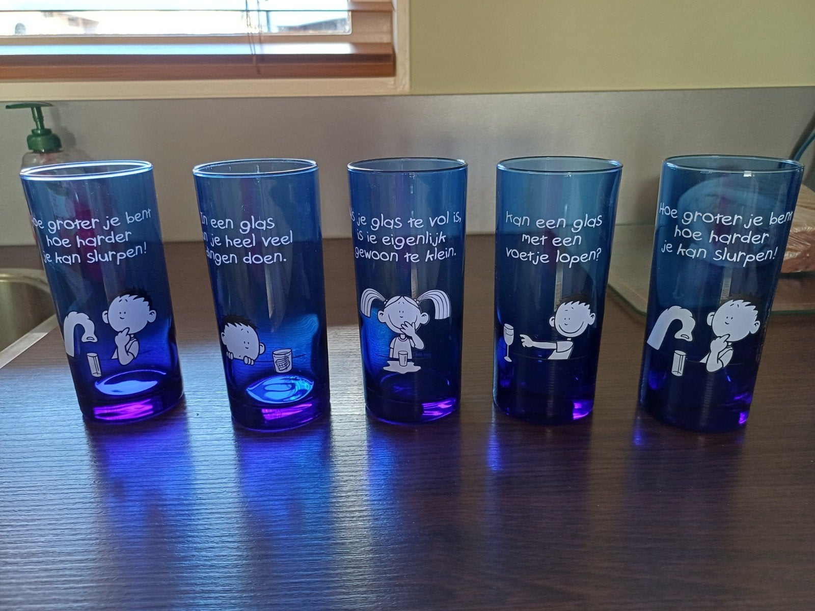 5 blauwe glazen BlueBand, Verzamelen, Glas en Borrelglaasjes, Ophalen, Gebruikt, Overige typen
