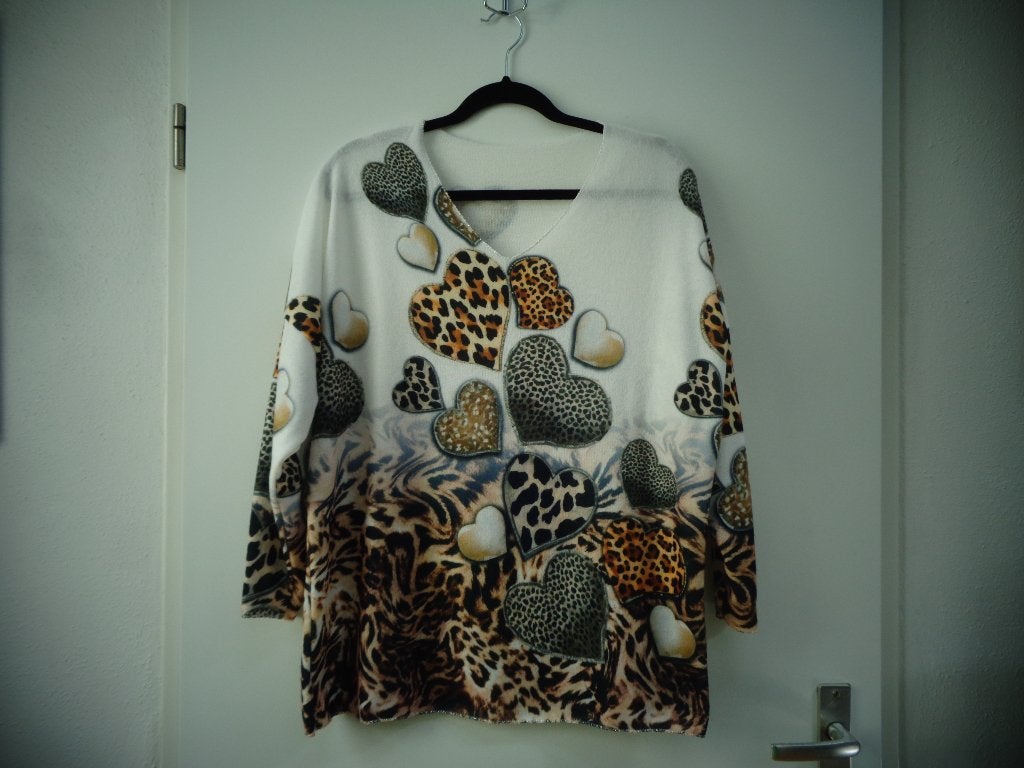 Top lange mouw nieuw, roomwit pantermotief Made in Italy, 46, Made in Italy, Wit, Maat 46/48 (XL) of groter, Nieuw