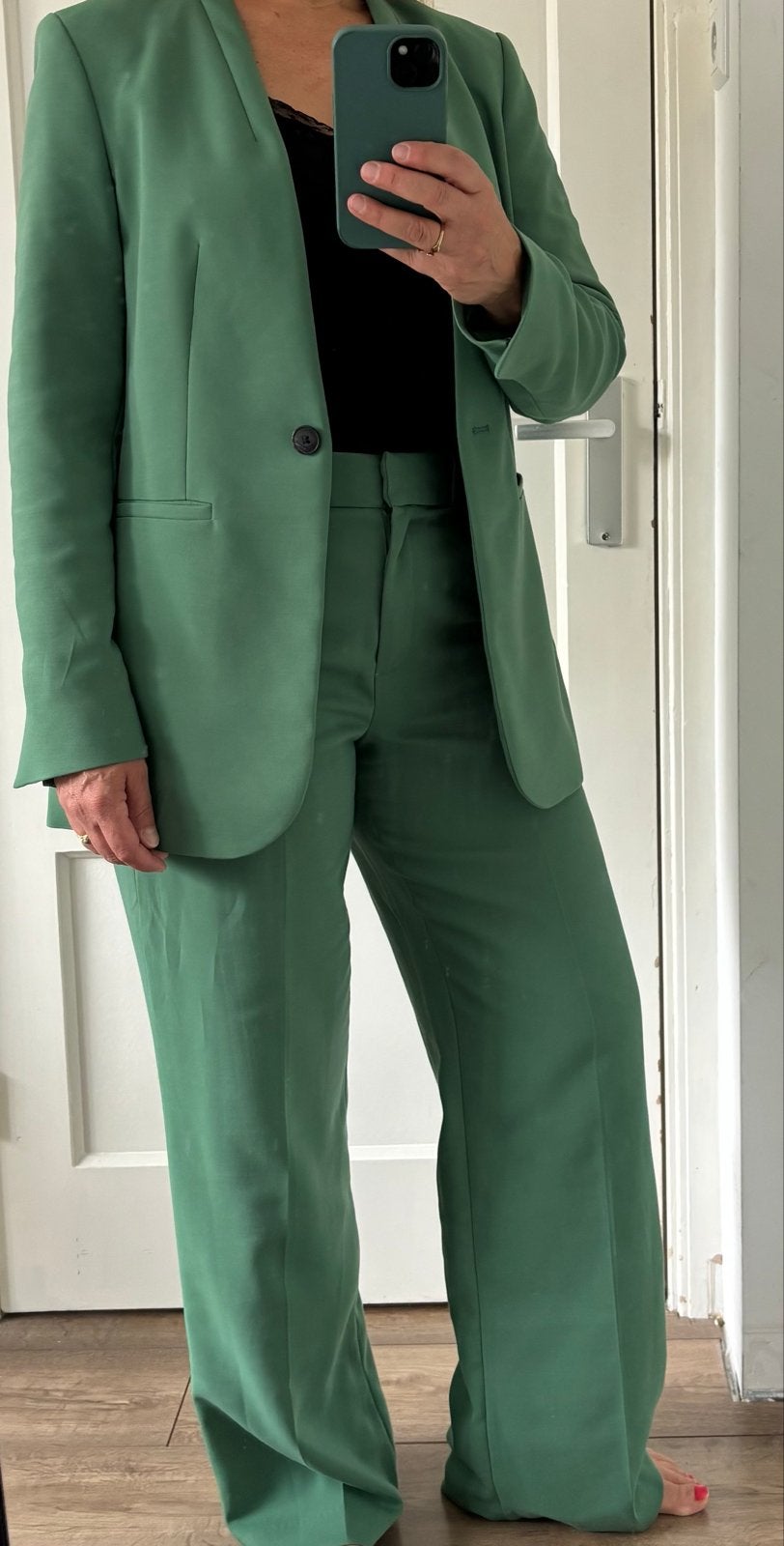 WE Groen Pak - Jasje en Broek Maat 38, Kleding | Dames, Maat 38/40 (M), Kostuum of Pak, Ophalen of Verzenden, Zo goed als nieuw