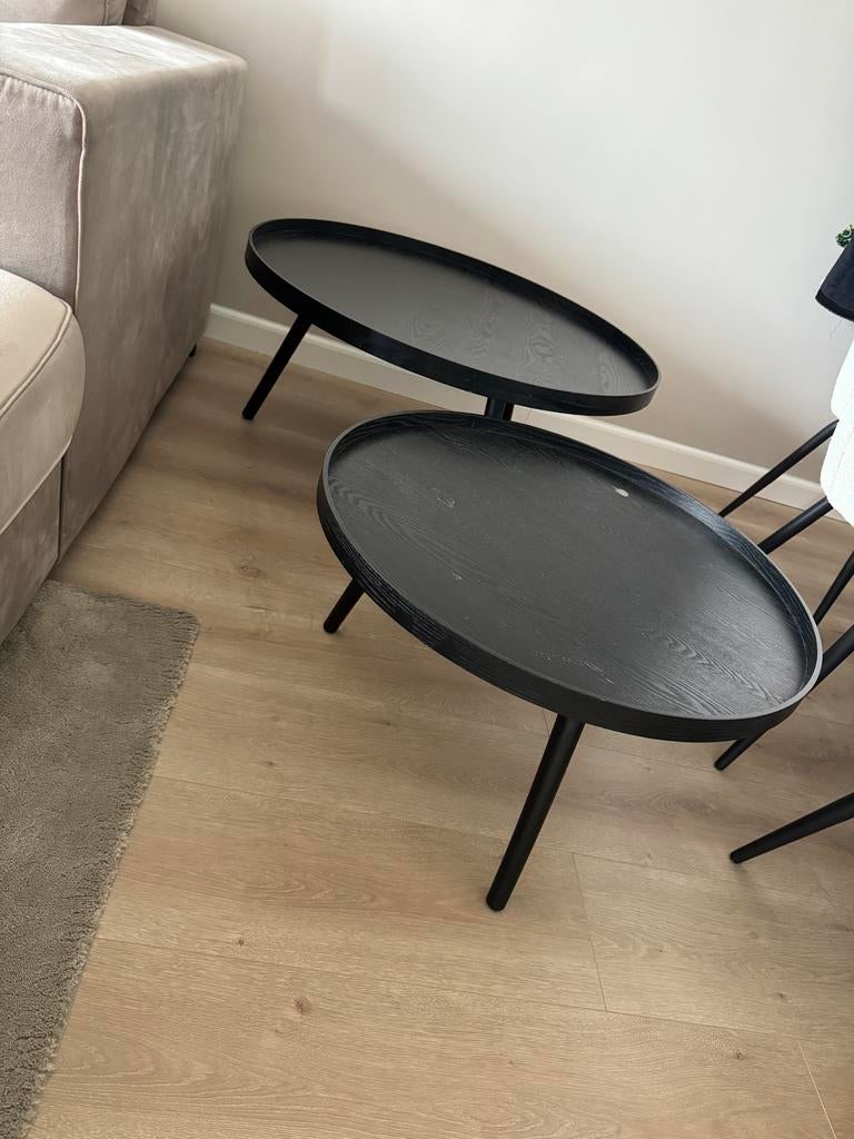 Set van 2 WOOOD bijzettafels - Zwart, 78cm en 60cm, Minder dan 45 cm, Gebruikt, Rond, Ophalen of Verzenden