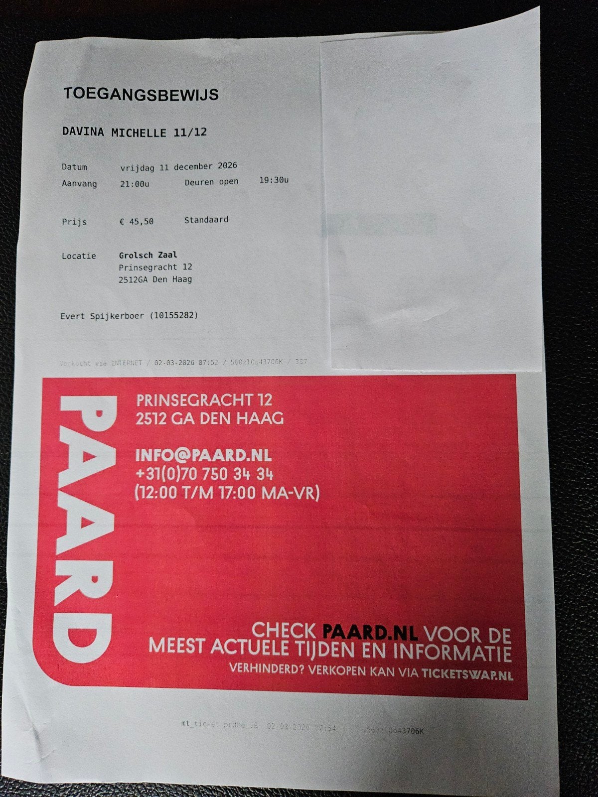 Davina Michelle tickets, Paard, Den Haag 9-12-26, Twee personen, November