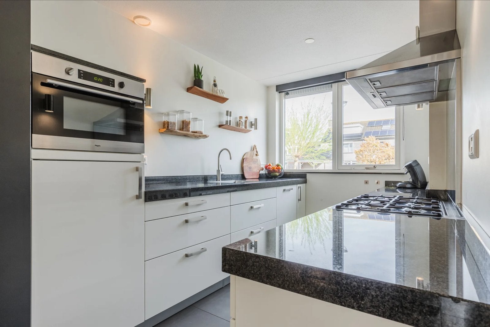 Moderne dubbelwandige keuken met granieten blad, Ophalen, Wit, Graniet of Steen, Dubbelwandige keuken