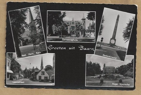 Oude ansichtkaart Groeten uit Baarn - Gemeentehuis, Kerk, Ophalen of Verzenden, 1940 tot 1960, Gelopen, Utrecht