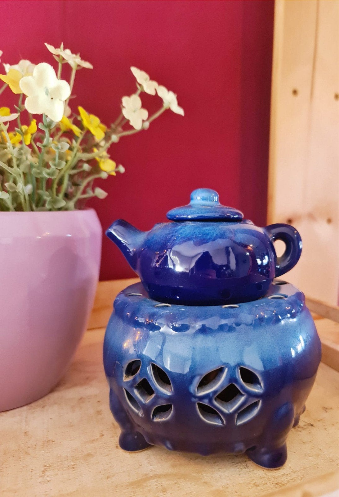 Vintage Geurolie Brander - Blauw Keramiek Theepot Design, Ophalen of Verzenden, Zo goed als nieuw, Blauw, Steen/keramiek
