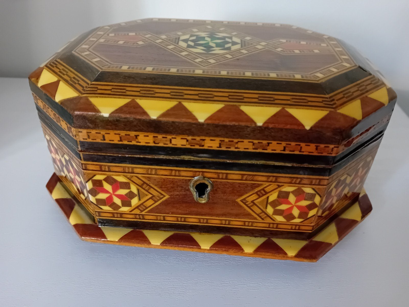 Prachtig houten sieradendoosje met mozaïek inlegwerk, Ophalen of Verzenden