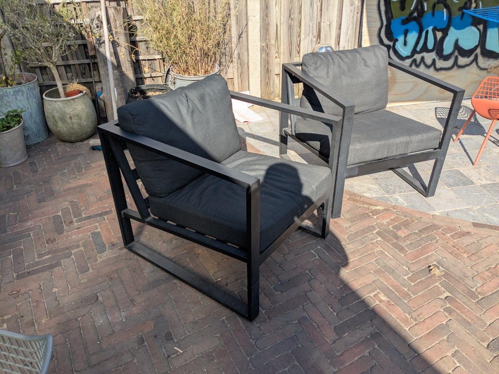 Gepoedercoat aluminium tuinstoelen, verkleurd maar prima, Tuin en Terras, Tuinsets en Loungesets, 2 zitplaatsen, Gebruikt, Aluminium