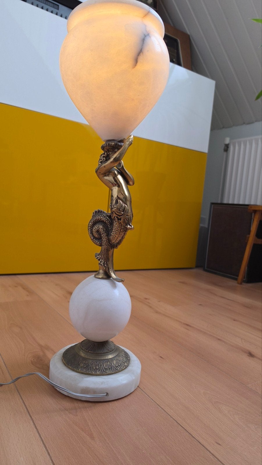 Bronzen Zeemeerminlamp met Albasten Bol en Voet, Antiek en Kunst, Ophalen