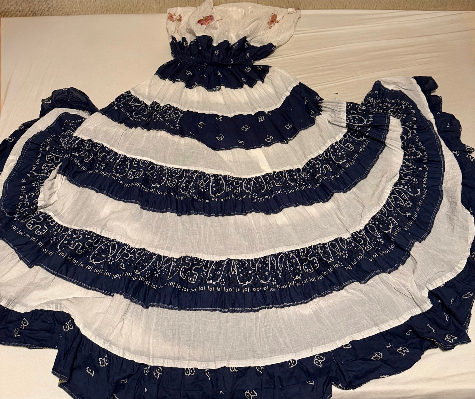 Vintage blauw-wit gelaagde jurk met print, Maat 38/40 (M), Blauw, Ophalen of Verzenden, Zo goed als nieuw