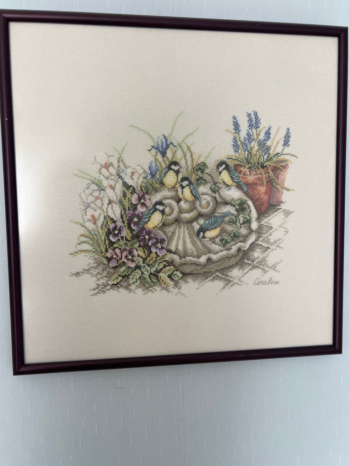 Geborduurd schilderij met vogels en bloemen, Ophalen, 50 – 75, Gebruikt, Schilderij