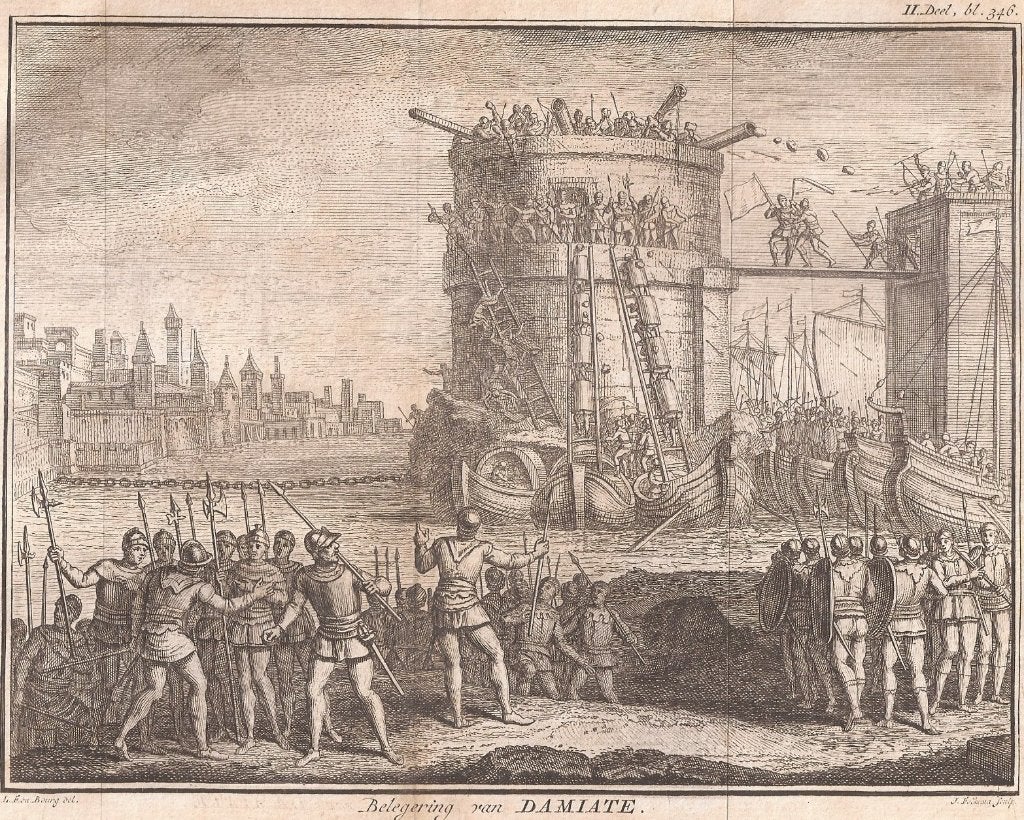 Belegering van Damiate 1219 Kopergravure Folkema, Origineel, 19 cm, Ophalen of Verzenden, Gravure