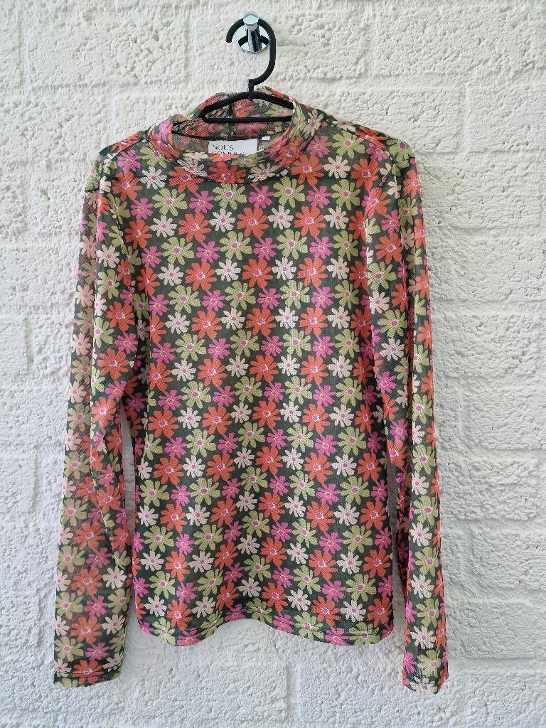 Mesh top maat L – bloemen – retro print, Maat 38/40 (M), Ophalen of Verzenden, Zo goed als nieuw, Lange mouw