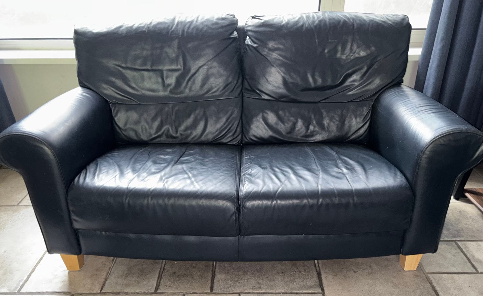 Lederen 2-zits bank - donkerblauw, Ophalen, Gebruikt, 150 tot 200 cm, Tweepersoons