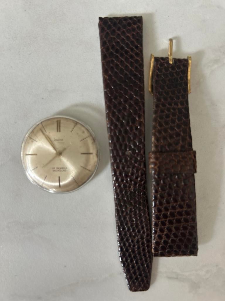 Ancre 17 Jewels incablog horloge met leren bandje, Sieraden, Tassen en Uiterlijk, Horloges | Heren, Gebruikt, Polshorloge, Overige merken