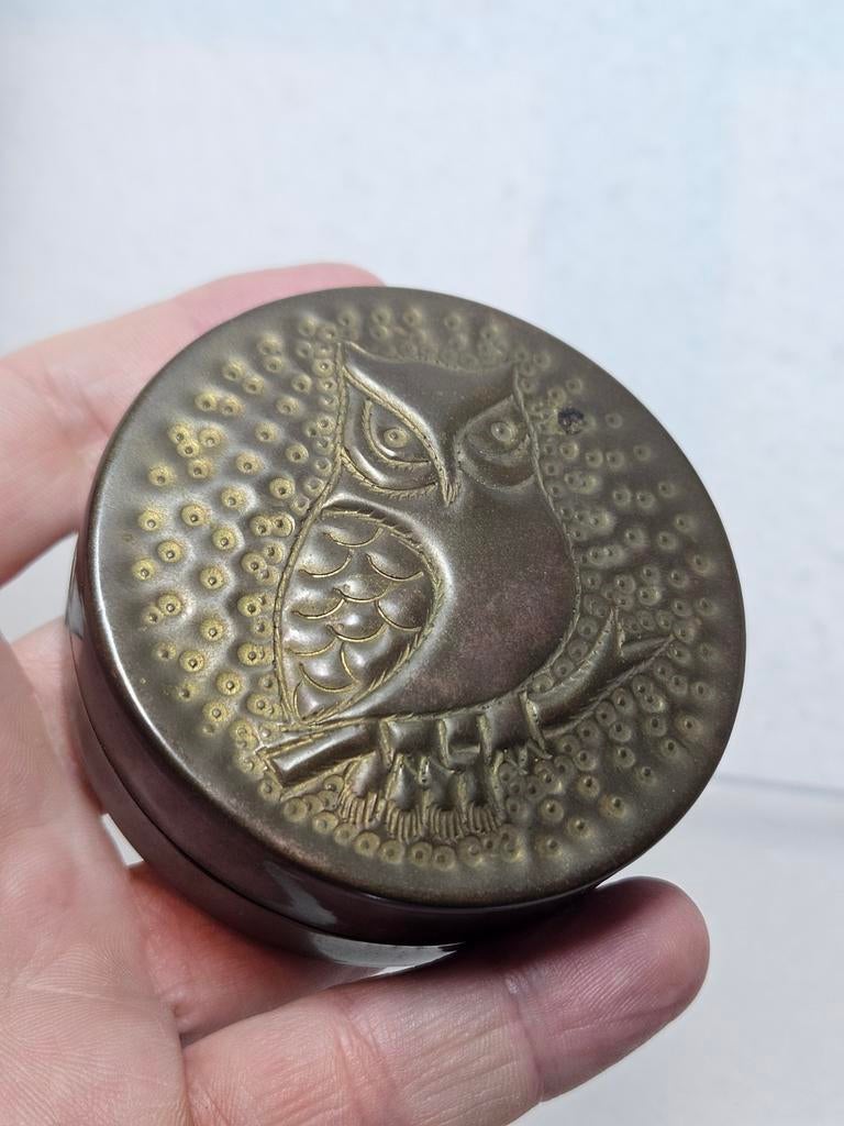 Antiek koperen pillendoosje met een uil koper bakje doosje, Antiek en Kunst, Ophalen of Verzenden