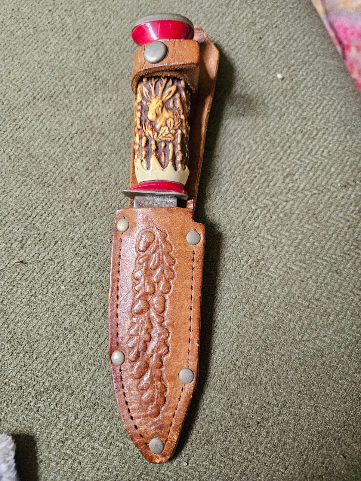 Vintage Jachtmes met Hertenhoorn Handvat en Leren Schede, Ophalen of Verzenden