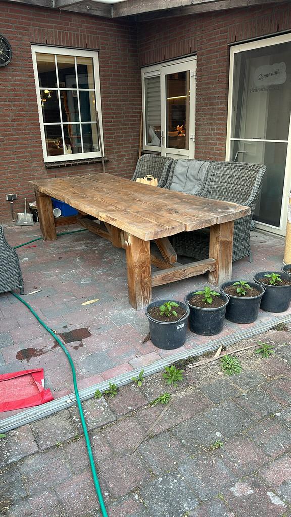 Massief  houten boomstam tuintafel–one of a kind, Ophalen, Zo goed als nieuw, Rechthoekig, Hout