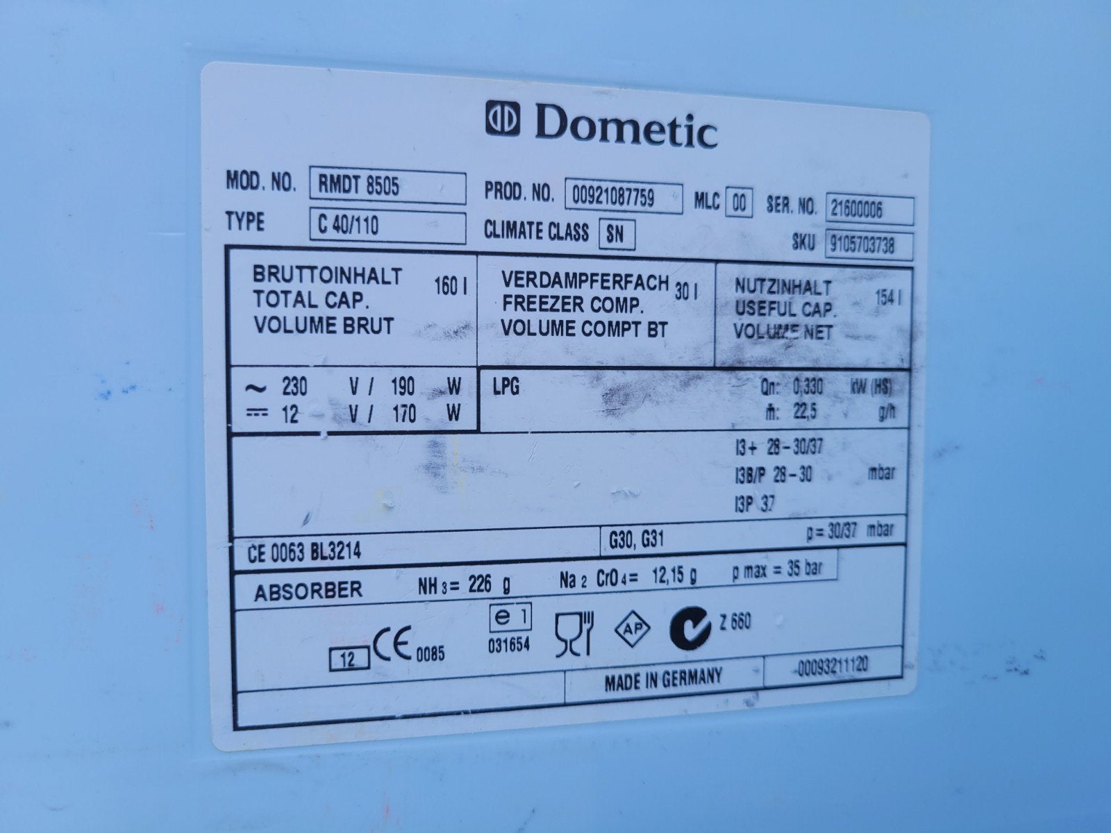 Domestic RDM 8505 Koelkast - Werkt, mode switch defect, Caravans en Kamperen, Camper-accessoires, Ophalen, Gebruikt
