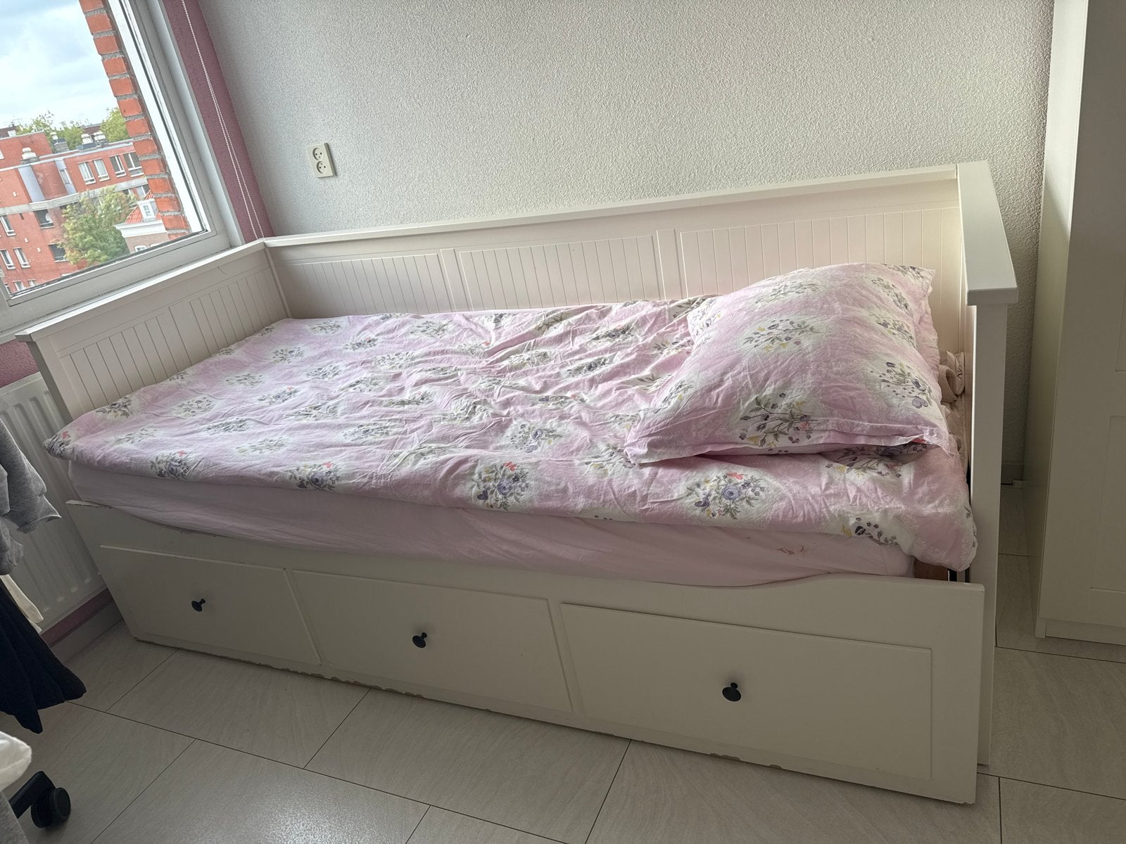 IKEA Hemnes Bedbank met 3 lades - Wit, Ophalen, 85 tot 100 cm, Gebruikt, Lattenbodem