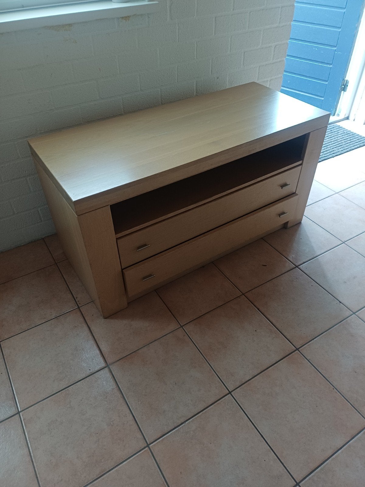 TV meubel licht eiken met lades, Gebruikt, 100 tot 150 cm, Eikenhout, Ophalen of Verzenden