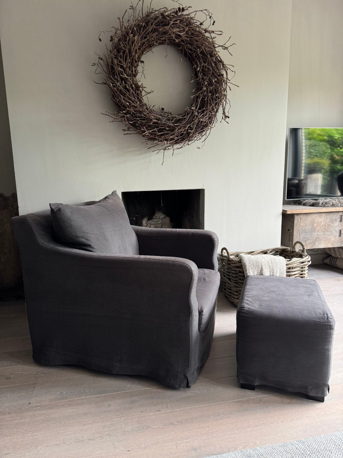 Stoere fauteuil met hocker antracietgrijs, Ophalen, 75 tot 100 cm, Stof, 50 tot 75 cm
