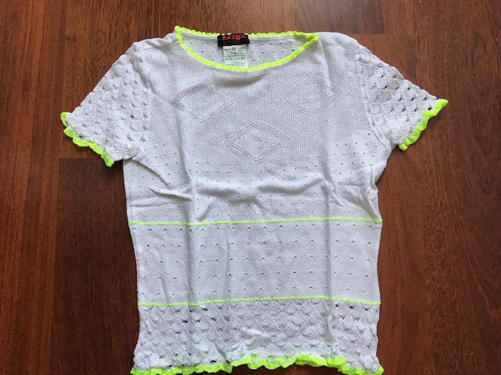 Christian LaCroix - vintage spierwitte neongele ajour top S, Wit, Ophalen of Verzenden, Zo goed als nieuw, Korte mouw