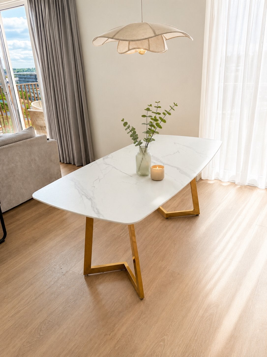 Eettafel wit marmer look blad met gouden poten, Huis en Inrichting, Tafels | Eettafels, Ophalen, 50 tot 100 cm, Vier personen