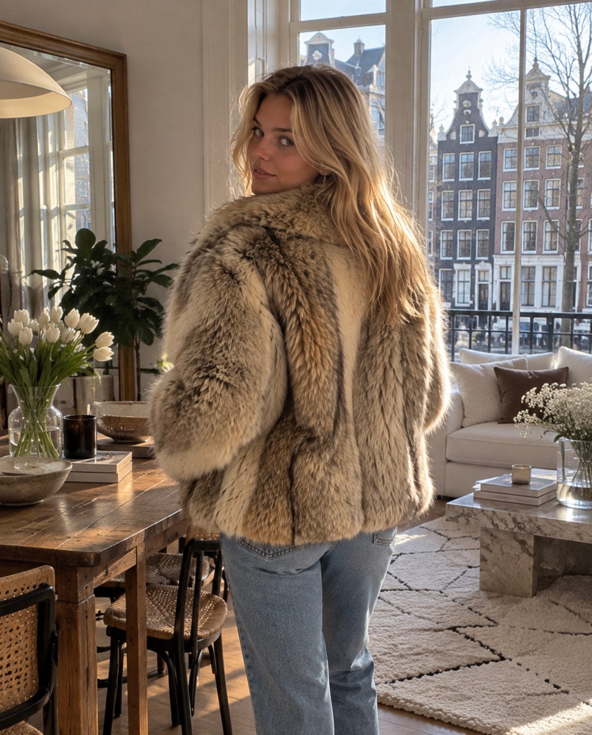 Vintage bontjas jas in natuurlijke tinten, Ophalen of Verzenden, Zo goed als nieuw, Beige