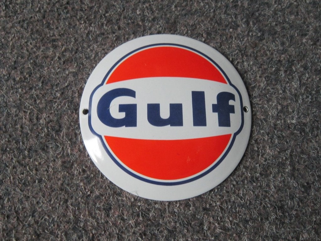 GULF EMAILLE RECLAMEBORD, Ophalen, Zo goed als nieuw, Reclamebord