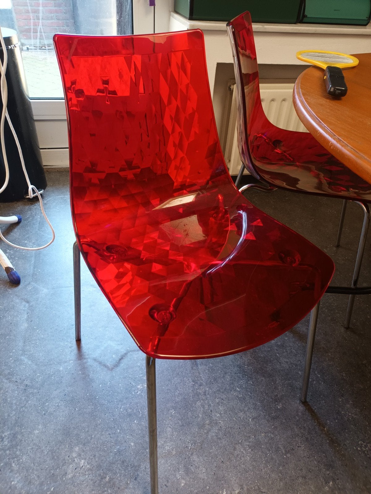 Moderne rode stoelen, 4 stuks (calligaris ice), Ophalen, Gebruikt, Metaal, Rood