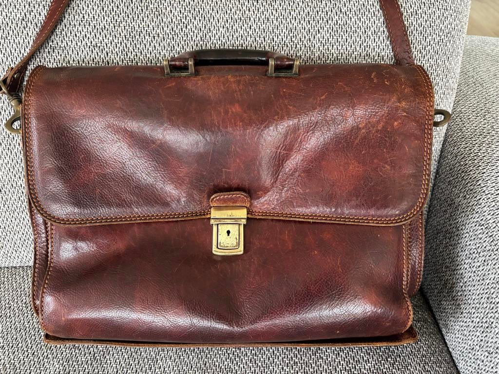 Vintage Echt Lederen Schoudertas, Sieraden, Tassen en Uiterlijk, Tassen | Schoudertassen, Gebruikt, Overige merken, Bruin, Leer