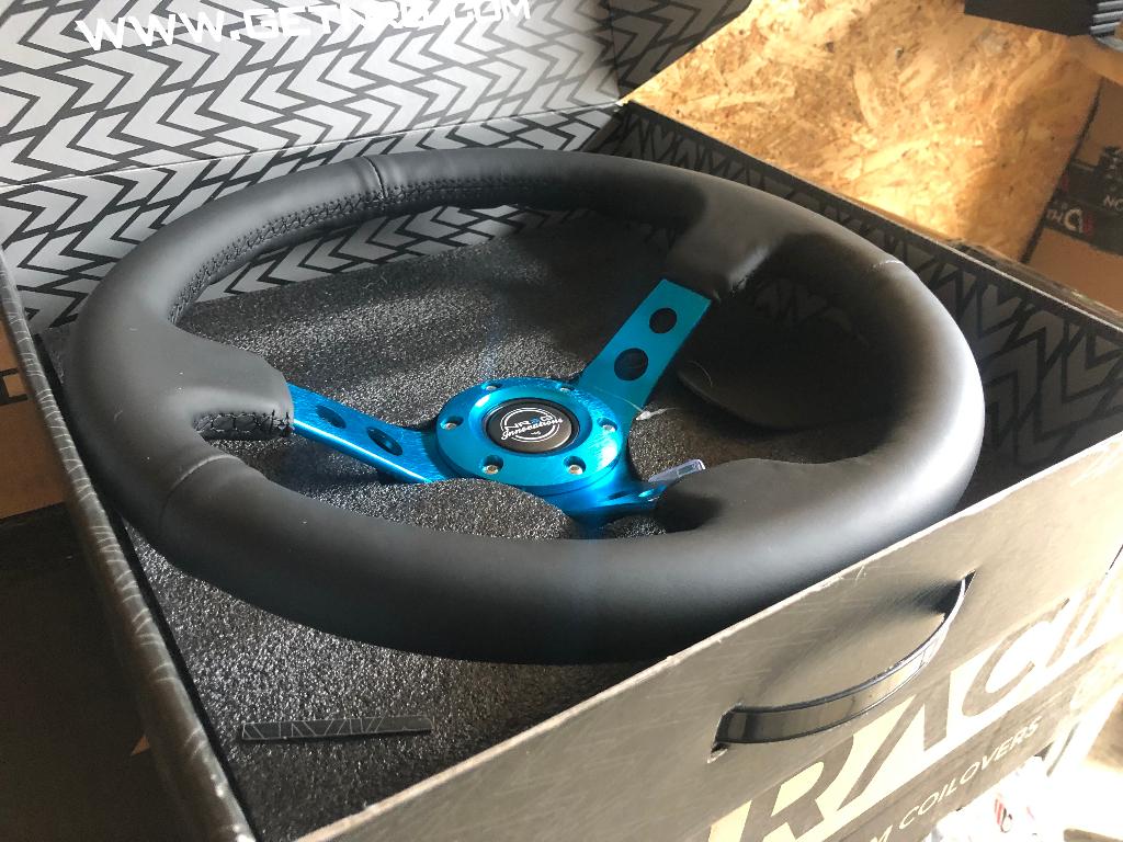 NRG Sportstuur leder 350mm blauw zwart deep dish 75mm, Ophalen of Verzenden
