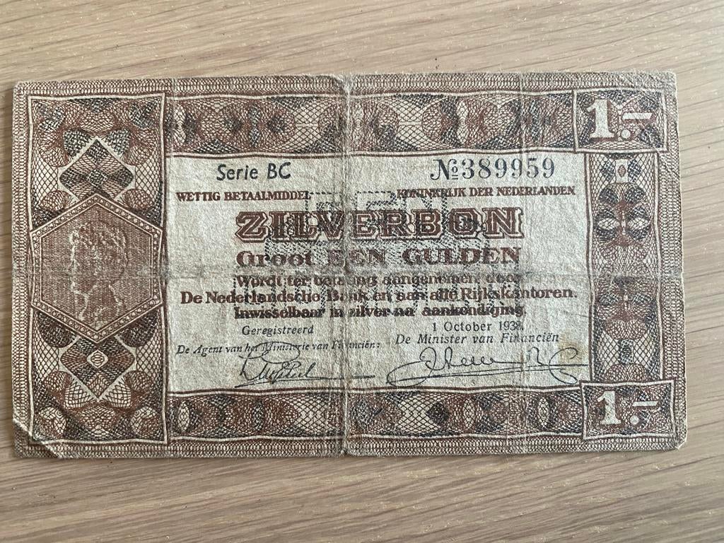 Zilverbon 1 Gulden 1938 - Zeldzaam Nederlands Bankbiljet, Ophalen of Verzenden, 1 gulden, Los biljet