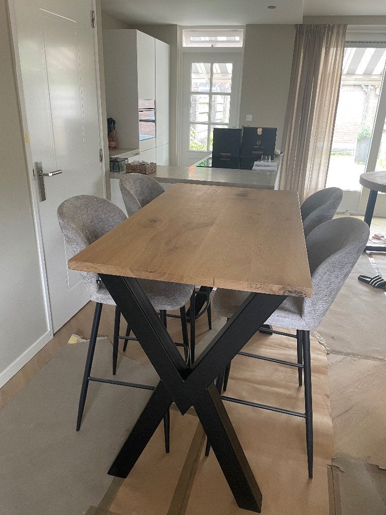 Massief eiken bar/eettafel met 4 barkrukken, Ophalen, Nieuw, Industrieel, 4 tot 6 stoelen