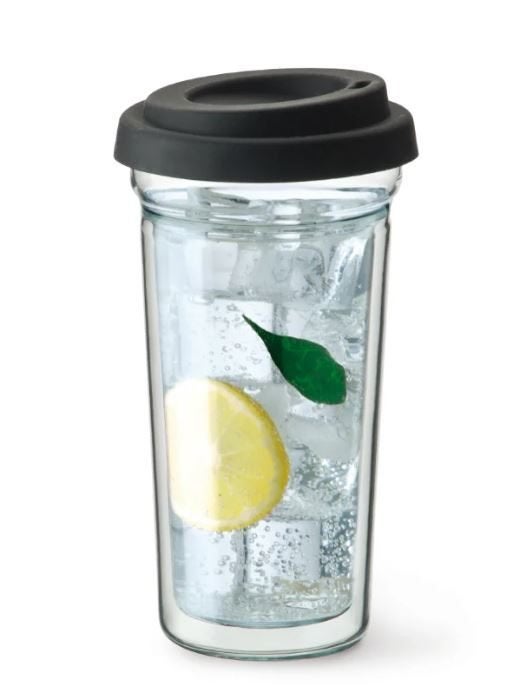 Drinkbeker dubbelwandig glas met siliconen deksel 30 of 40cl, Glas of Glazen, Overige merken, Nieuw, Ophalen of Verzenden