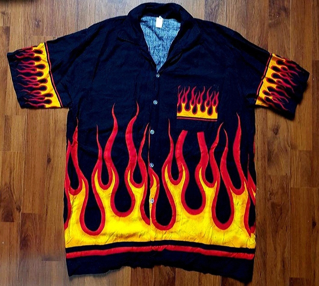 Zomerse stoere blouse rock 'n roll vuur vlammen (XXL), Verzenden, Zo goed als nieuw, Zwart, Overige halswijdtes