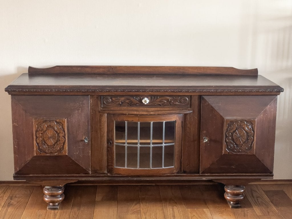 Vintage Eiken Dressoir met Houtsnijwerk & Glas-in-lood, Ophalen