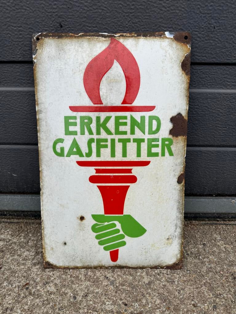 VERKOCHT!!! Erkend Gasfitter Emaille Reclamebord, Verzamelen, Ophalen of Verzenden, Reclamebord