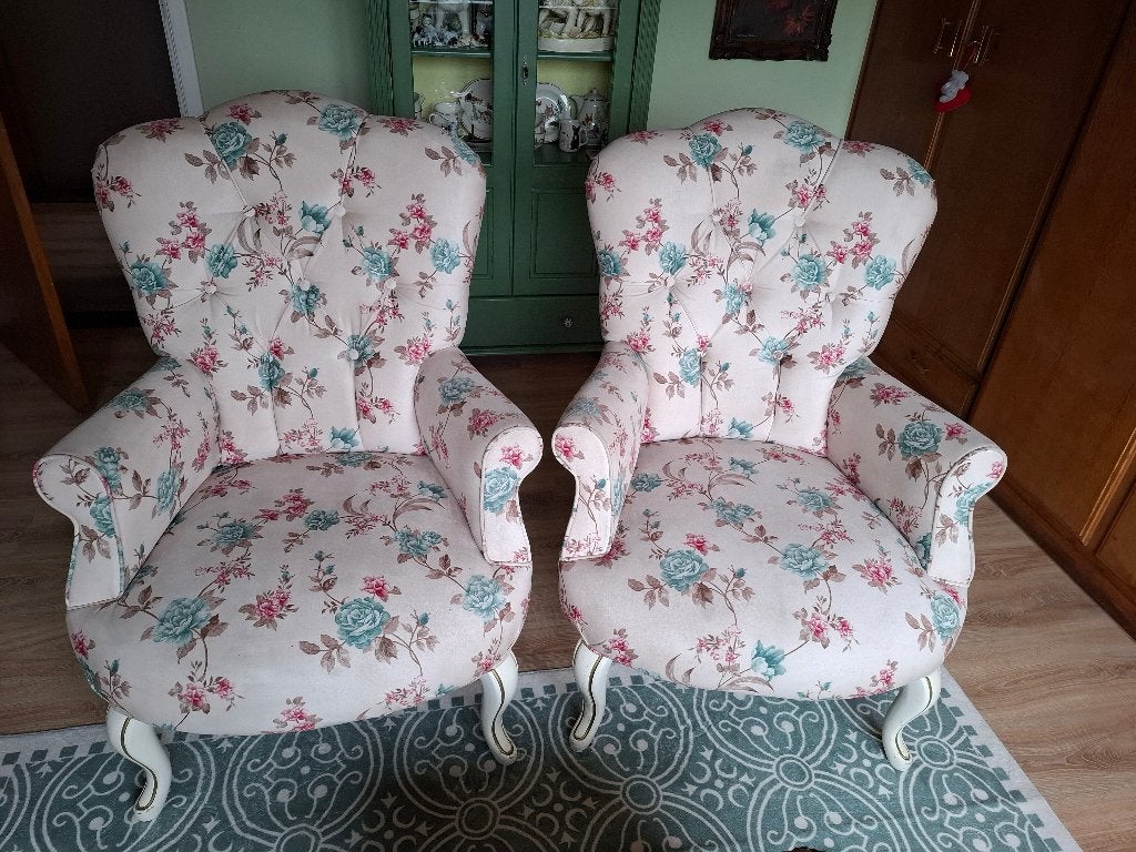 Prachtige bloemenprint orenfauteuils/bergères, Ophalen, Gebruikt, 75 tot 100 cm, Stof
