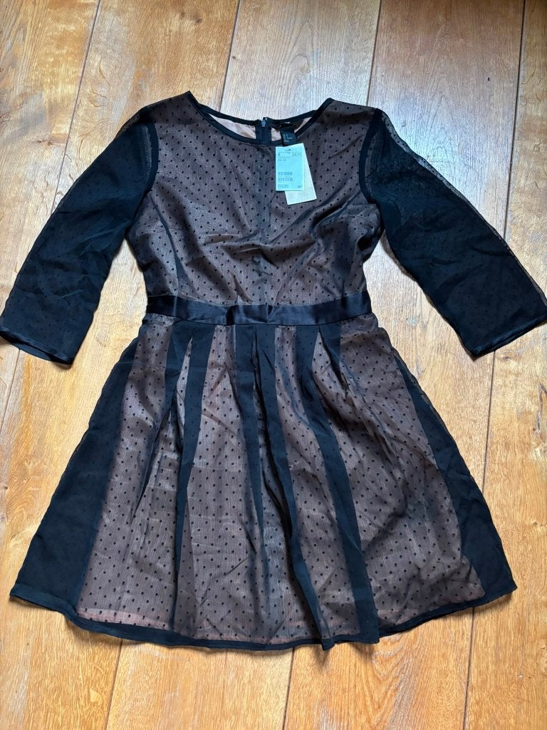 H&M Sheer Black Polka Dot Mini Dress, Maat 38/40 (M), H&M, Zwart, Nieuw