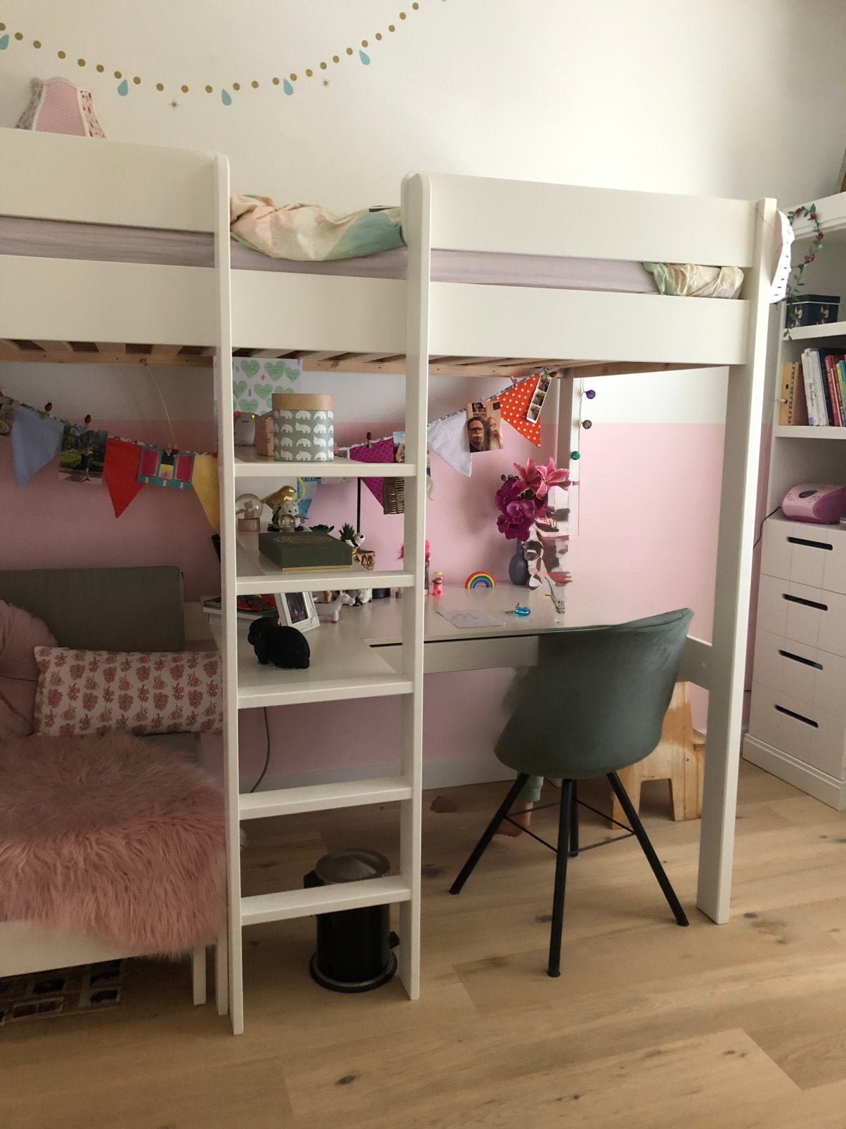 Hoogslaper Nous kids Robin wit met logeeerbed en bureau, Ophalen, Gebruikt, Eenpersoons, 160 tot 180 cm