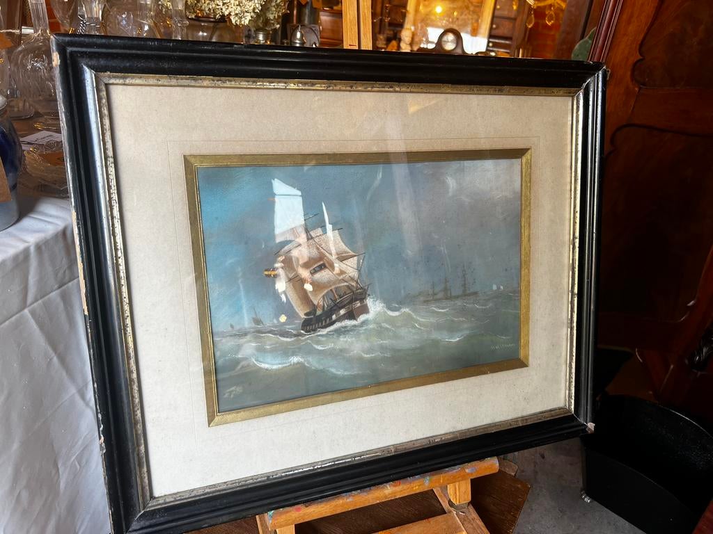 Antieke pasteltekening schip, Antiek en Kunst, Ophalen
