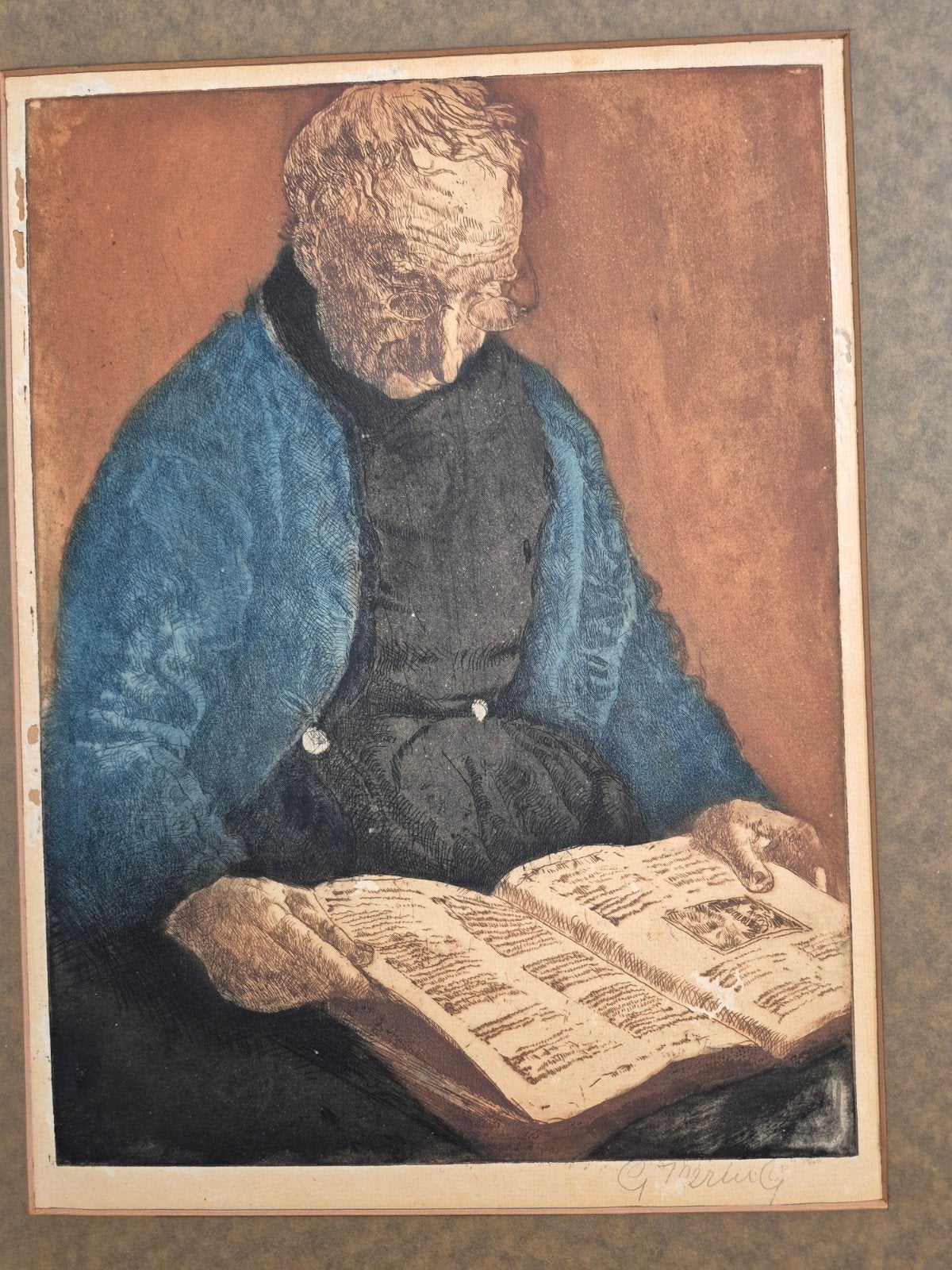 Oude man leest boek - George Hering  - Ets, Antiek en Kunst, Ophalen, Ets, Portret, Gesigneerd