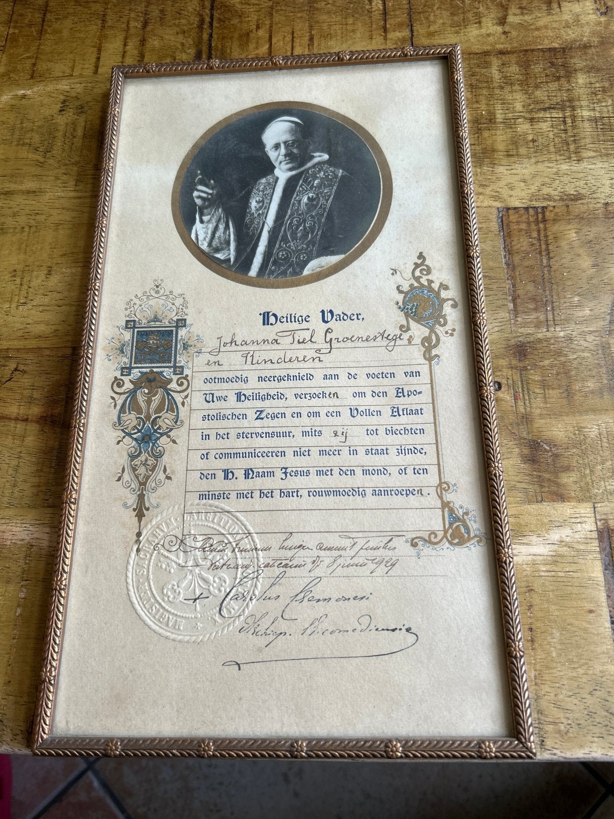 Antiek ingelijst document met Paus Pius X, Ophalen of Verzenden