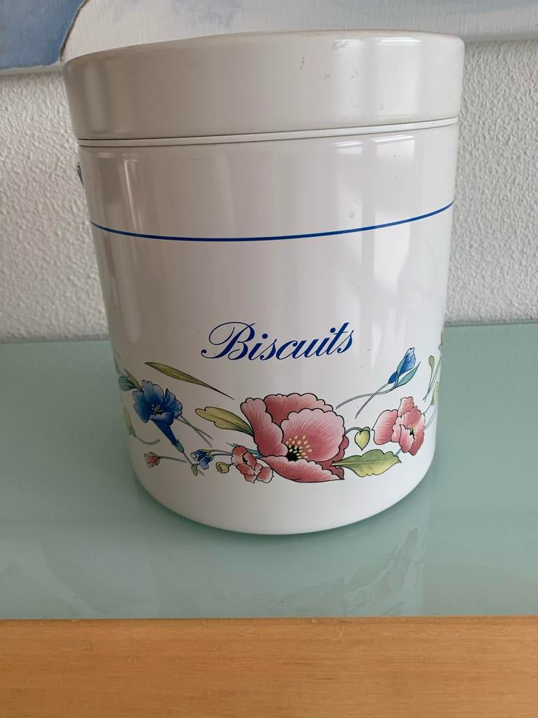 Vintage voorraadpot 'Biscuits' met bloemmotief, Ophalen of Verzenden, Zo goed als nieuw