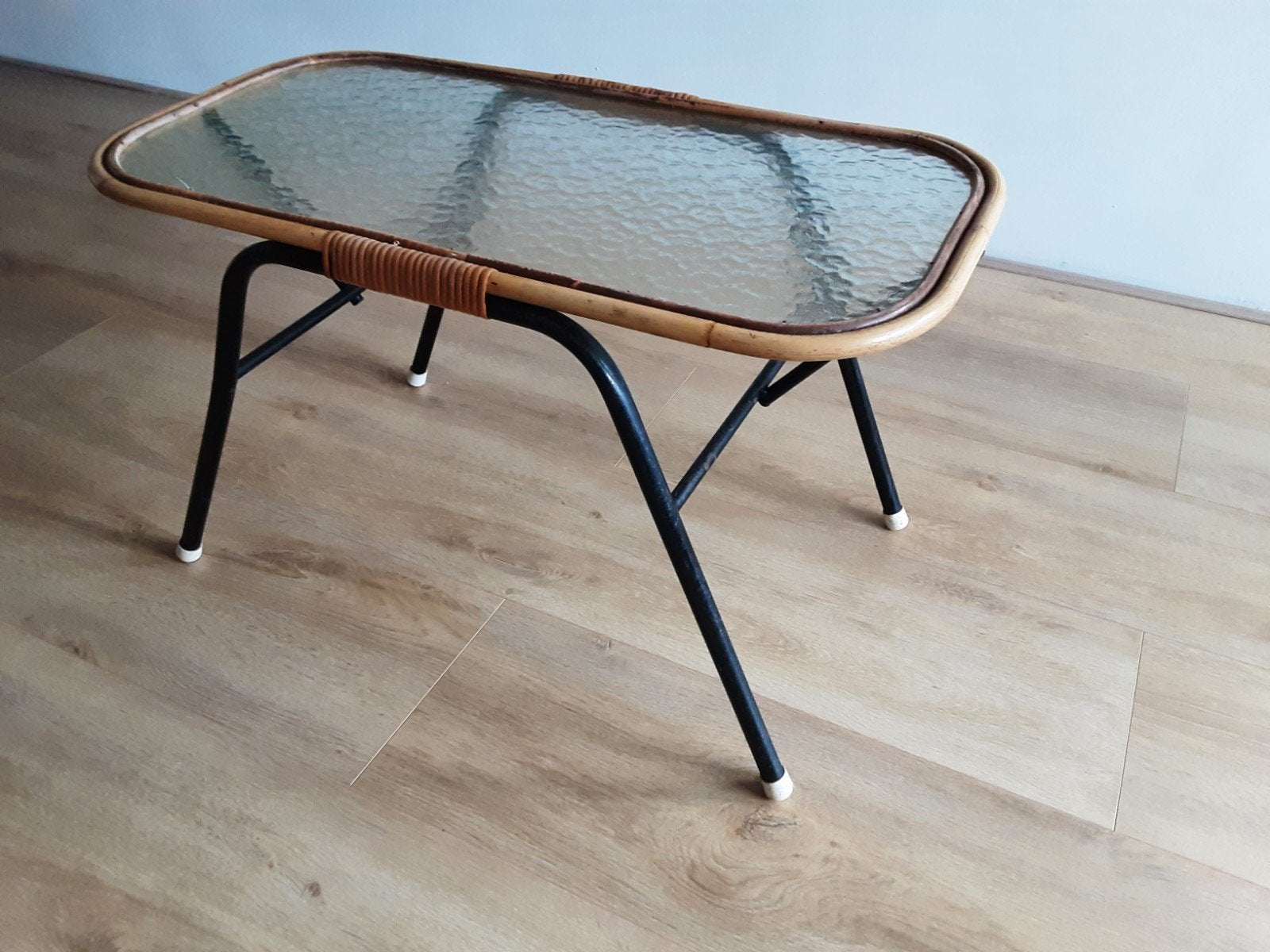 Vintage salontafel met bamboe, rotan en glas, Ophalen, Huis en Inrichting