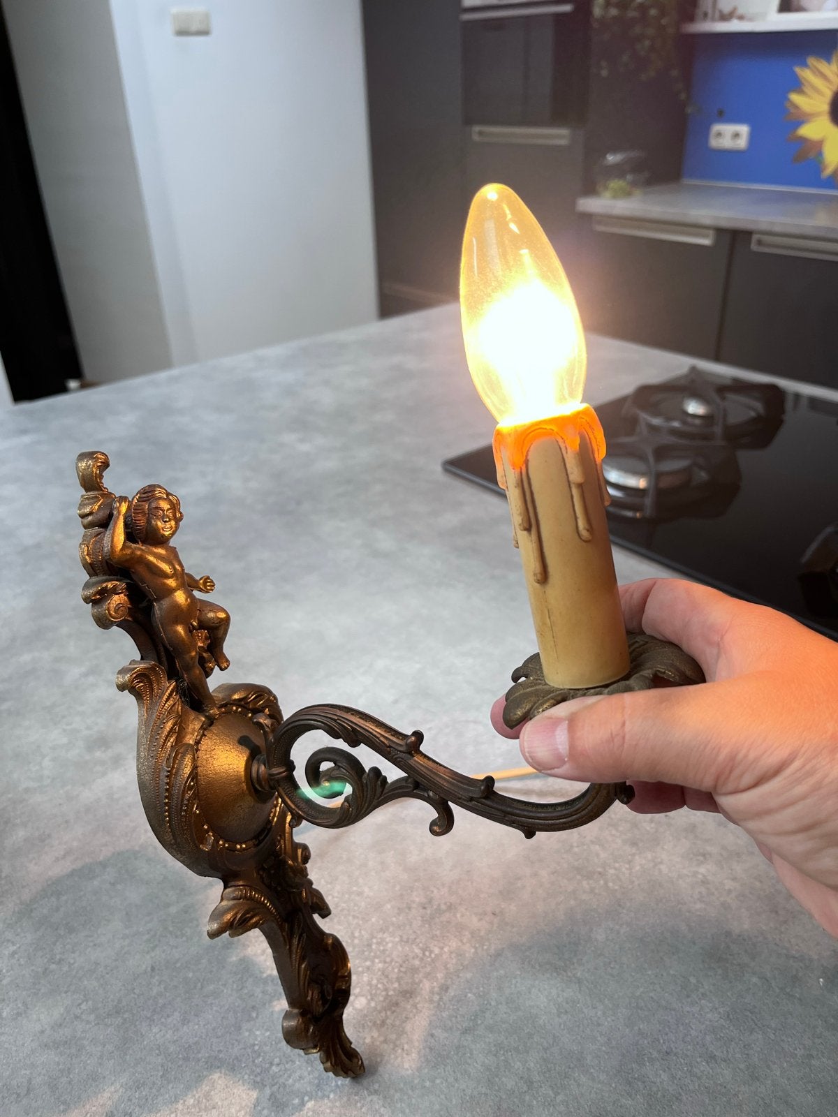 Antieke wandlamp met cherubijn - Bronskleurig, Ophalen
