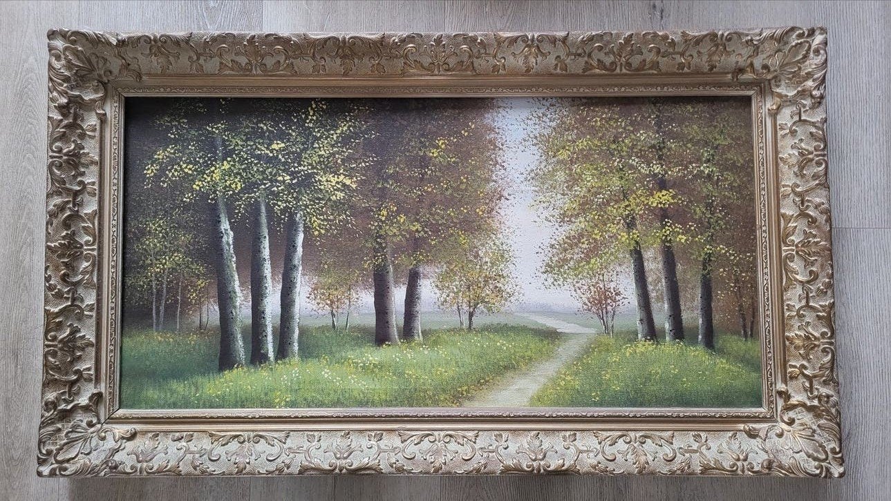 Schilderij met boslandschap en pad - Olieverf op doek, Antiek en Kunst, Ophalen of Verzenden