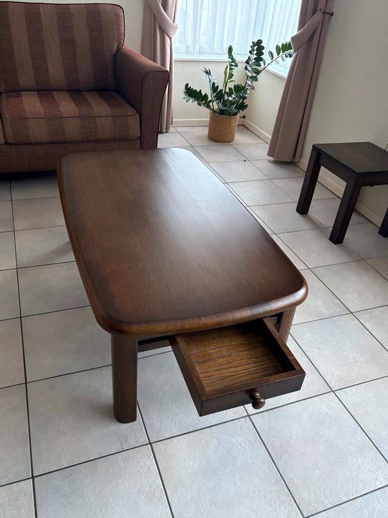 Massief houten salontafel met lade, Gebruikt, 100 tot 150 cm, Minder dan 50 cm, Rechthoekig