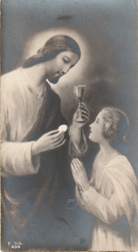 Vintage Eerste Communie Prent Jezus en Meisje, Ophalen of Verzenden, Gebruikt, Kaart of Prent, Christendom | Katholiek