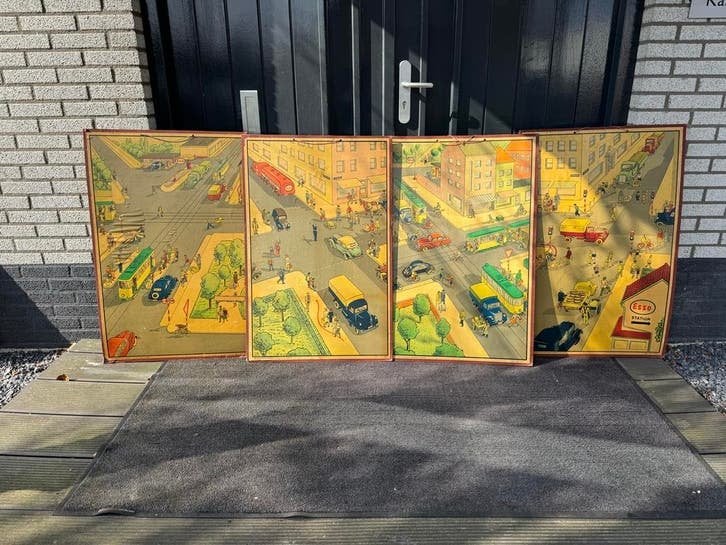 Vintage Esso Verkeerseducatie Platen - Set van 4, Ophalen, Stad- en Dorpsgezichten